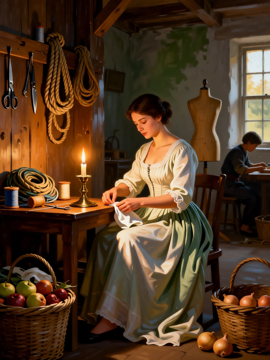 A seamstress carefully fitting a gown by candlelight in a small, quiet moment made luminous and lasting, set within a modest workshop filled with tools and warm light, with baskets of produce, coils of rope, and tools of an honest trade; background activity adds gentle life without distracting from the center, capturing the timeless rhythm of rural and village life.