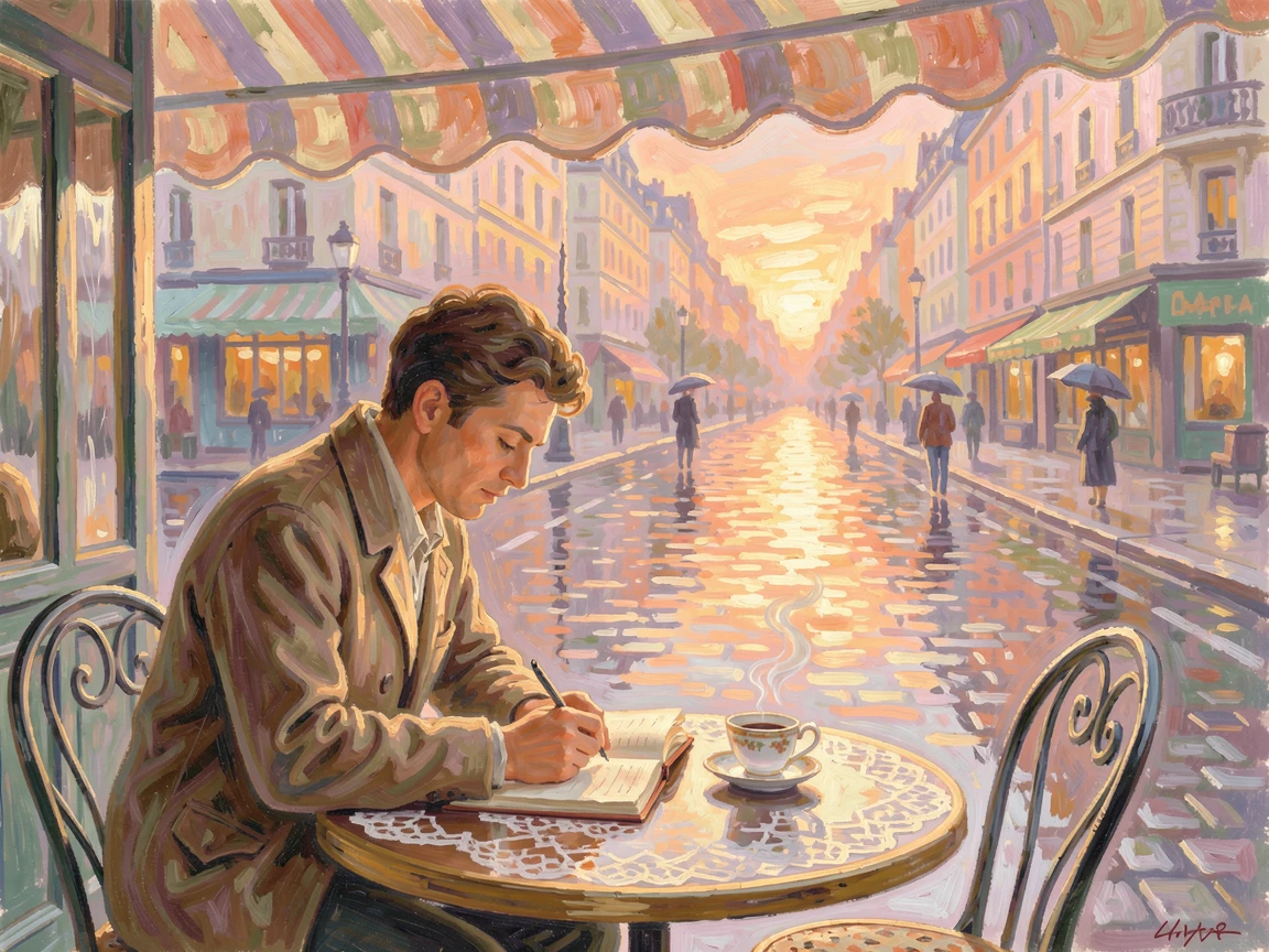 A poet writing at a café table overlooking a rain-slicked Parisian street, an open notebook and cup of coffee before him, under a glowing sunset sky.
