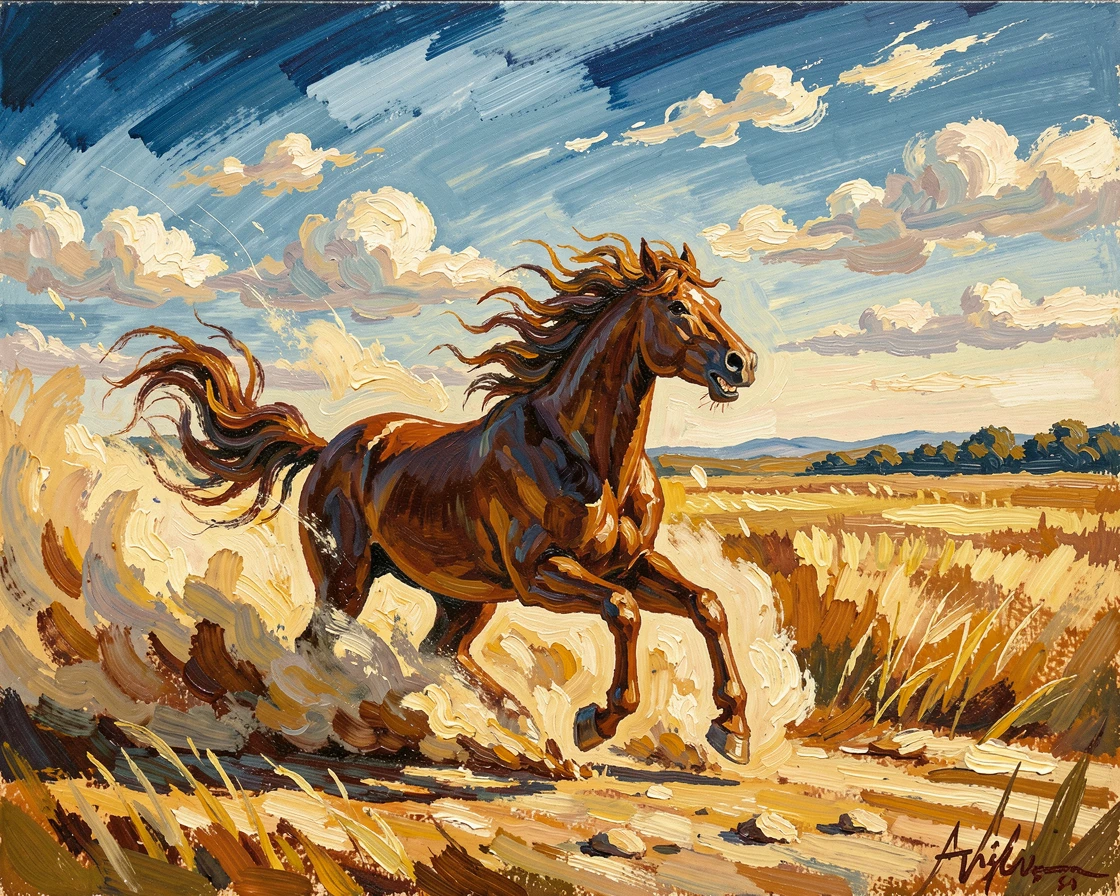 A wild horse rolling joyfully in a dusty field beneath a wide summer sky.