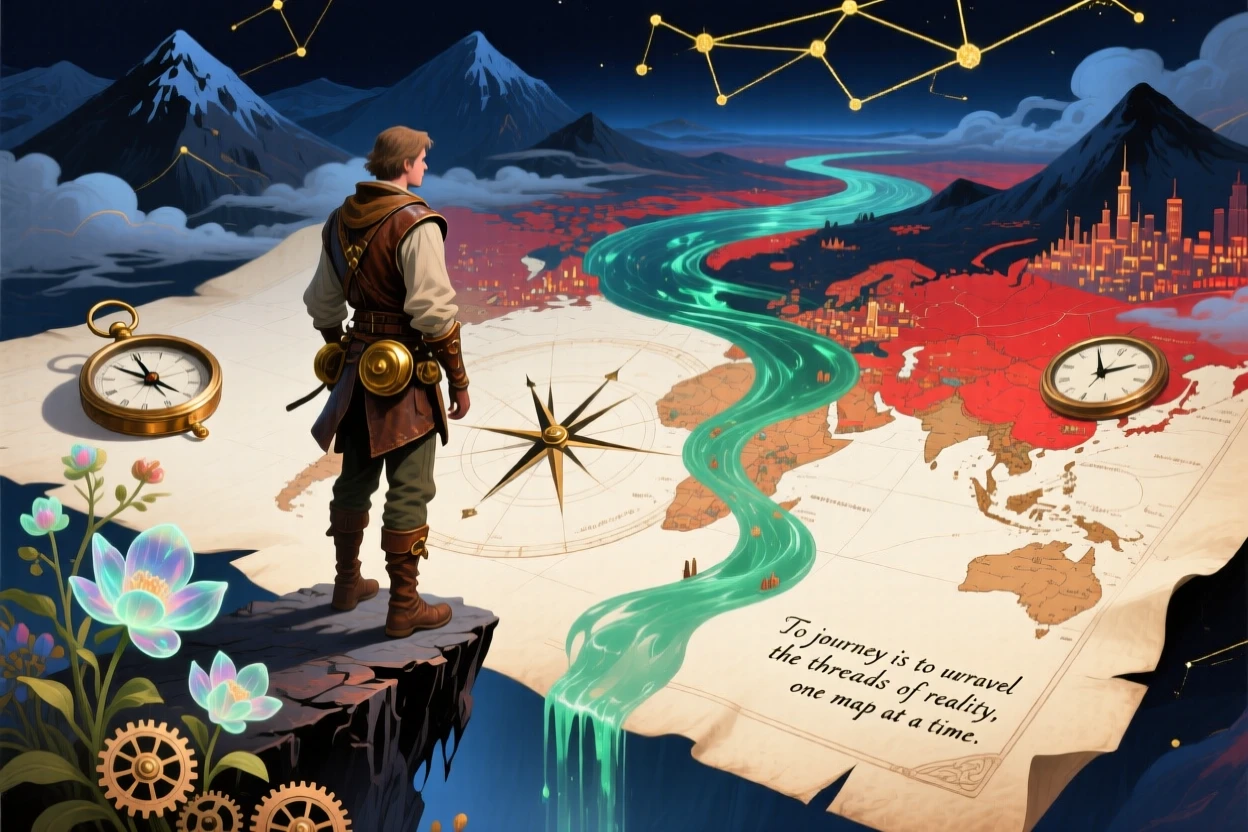 An explorer standing at the edge of a map that fades into blank paper works calmly, absorbed entirely in a quiet, private moment, as small details of the world quietly bend and shift nearby.