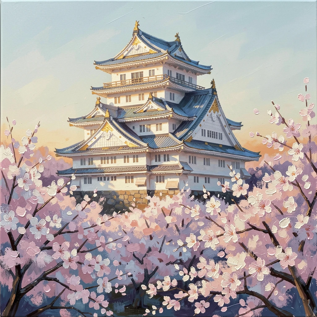 Himeji Castle rises brilliant white above cherry blossom trees in full bloom, its elegant tiered roofs catching soft spring sunlight, the changing light of the hour casting long shadows that add depth to every surface.