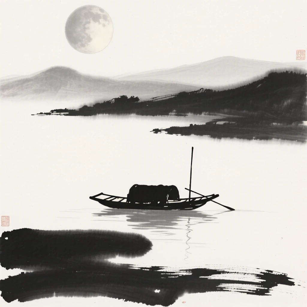 A lone boat drifts across a still lake beneath a rising moon, with mountains fading into the haze beyond the water.