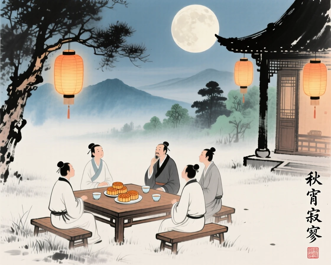 A mid-autumn festival gathering with lanterns lit beneath a full moon, touched with gentle melancholy, in the quiet hour before sunrise, as winter frost settles.