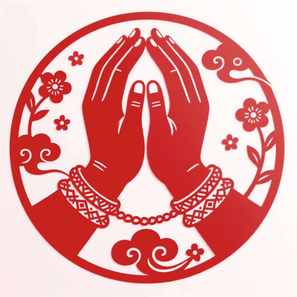 A pair of hands clasped together, matching red thread bracelets tied around each wrist, symbolizing fate