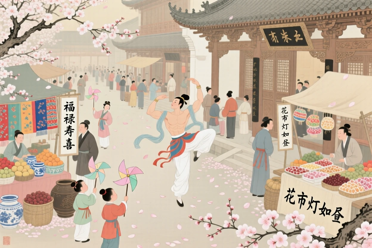 A temple fair crowded with vendors, acrobats, and paper windmills, surrounded by falling flower petals