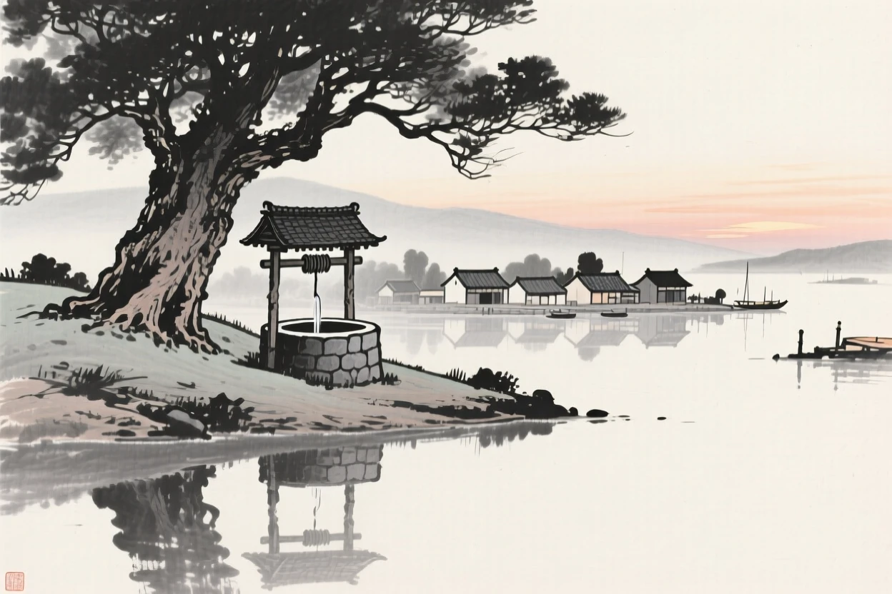 A quiet village well beneath an old tree overlooking a calm harbor at dusk, seen from across still water, reflected on the surface, evoking centuries of quiet history and devotion.