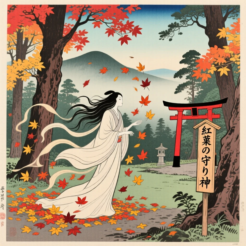 A forest guardian spirit swirling autumn leaves through a clearing.