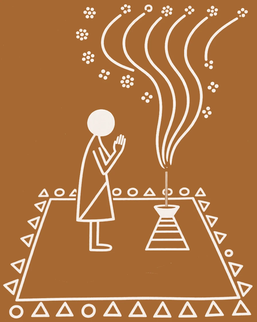 A lone devotee in a courtyard filled with the scent of incense.