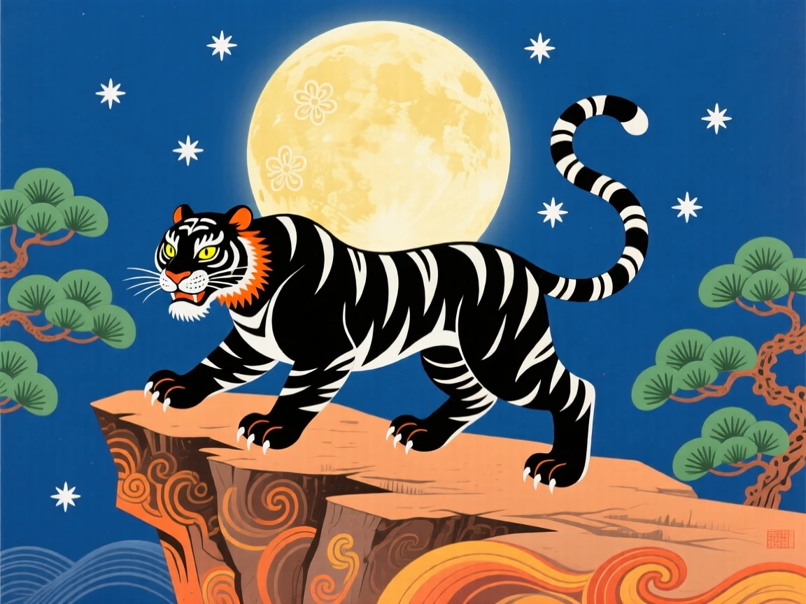 A fierce black tiger standing beneath a full moon on a cliff.