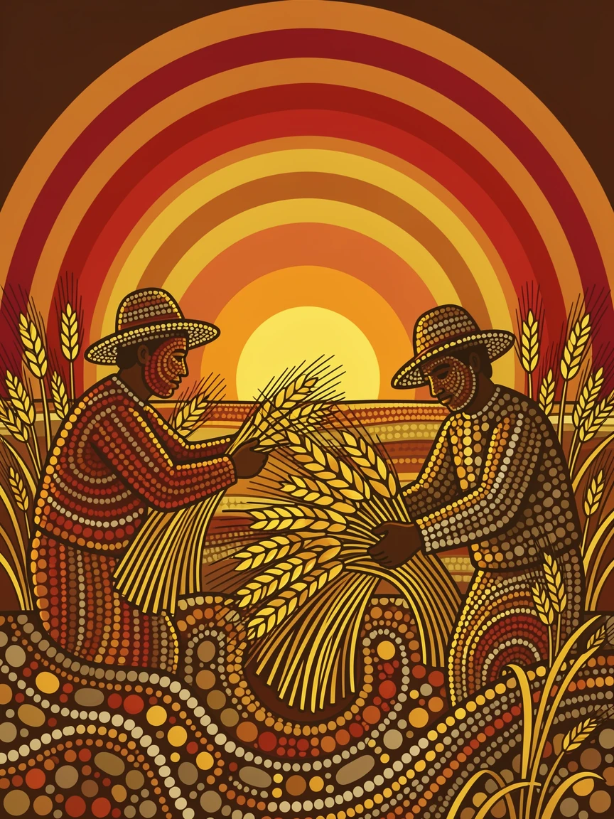 Farmers harvesting golden wheat by hand at sunset