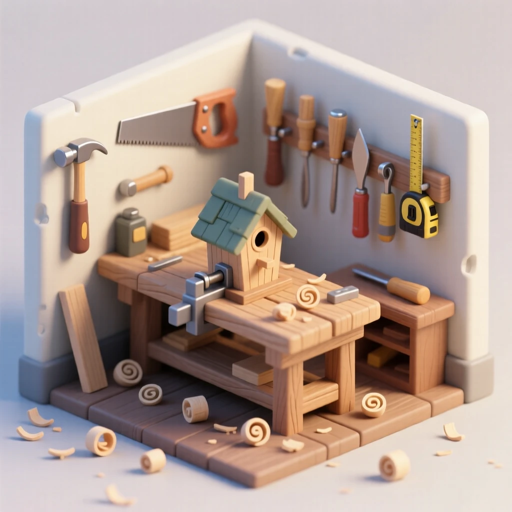 A woodworking workshop with curls of shavings on the floor, a half-finished birdhouse clamped to a workbench, and tools hanging neatly.