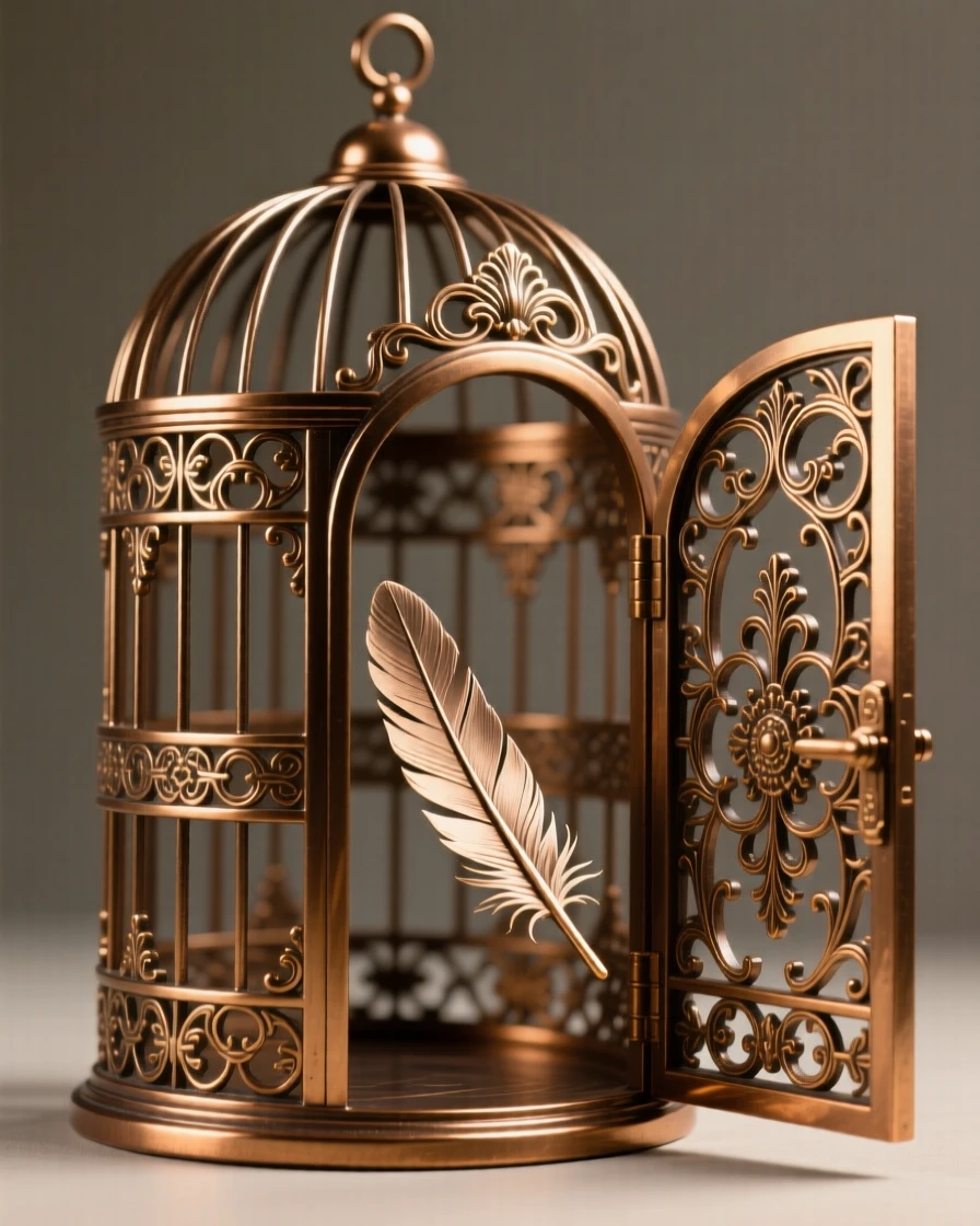 An ornate golden birdcage door left open with a single feather drifting free, capturing a sense of timeless luxury, radiating elegance and refinement