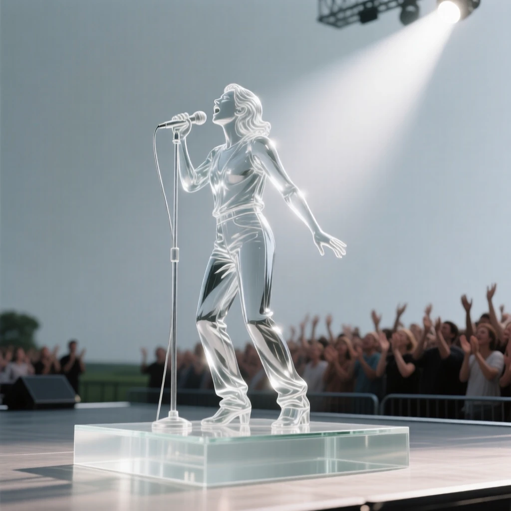 With the sound of applause rising from an unseen audience, a singer performing beneath a spotlight on an open-air stage