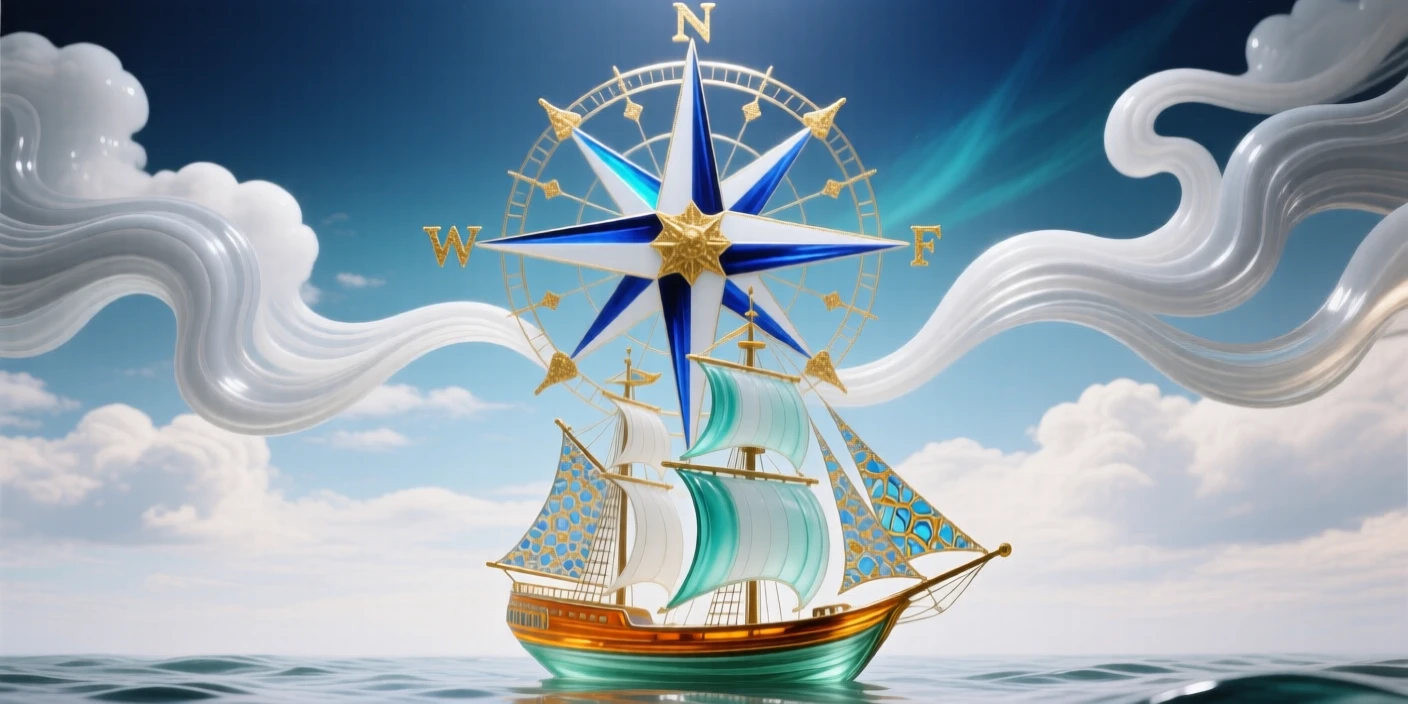 A giant compass rose etched into a cloudy sky, guiding a lone ship below, symbolic and vast.