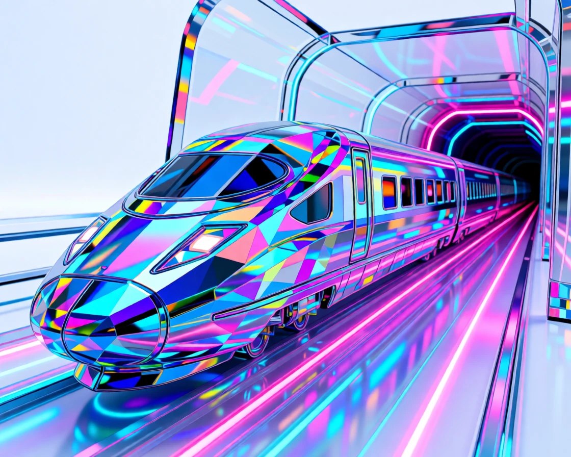 A futuristic bullet train speeding through a neon-lit underground tunnel.