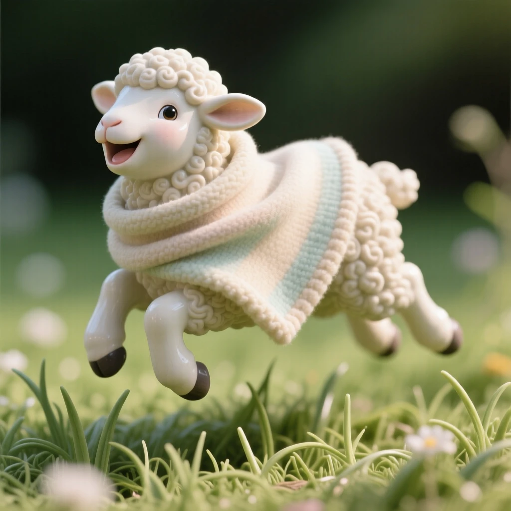 A fluffy baby lamb hopping through spring grass frozen mid-giggle in a joyful moment, wrapped snugly in a soft cozy blanket, radiating adorable, joyful innocence.