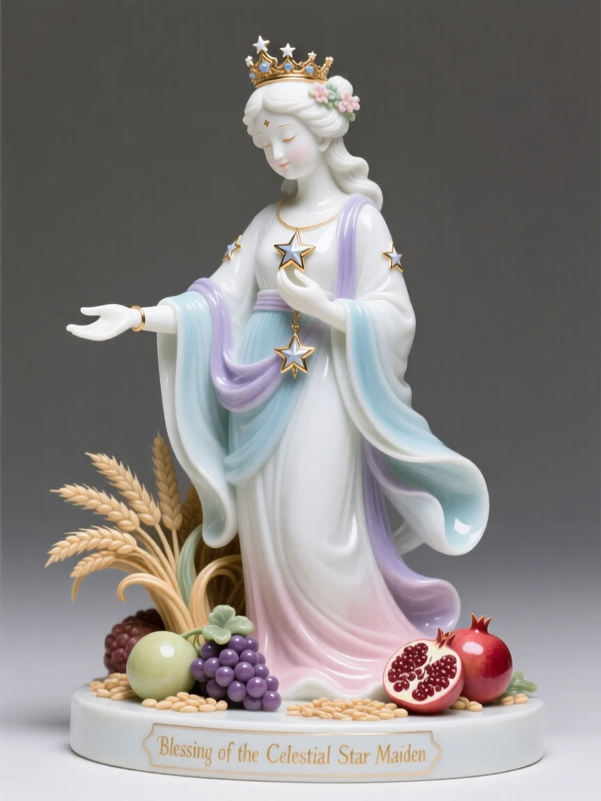 A mythological moment: a celestial star maiden offering a blessing over a harvest, rendered with timeless, classical grace.