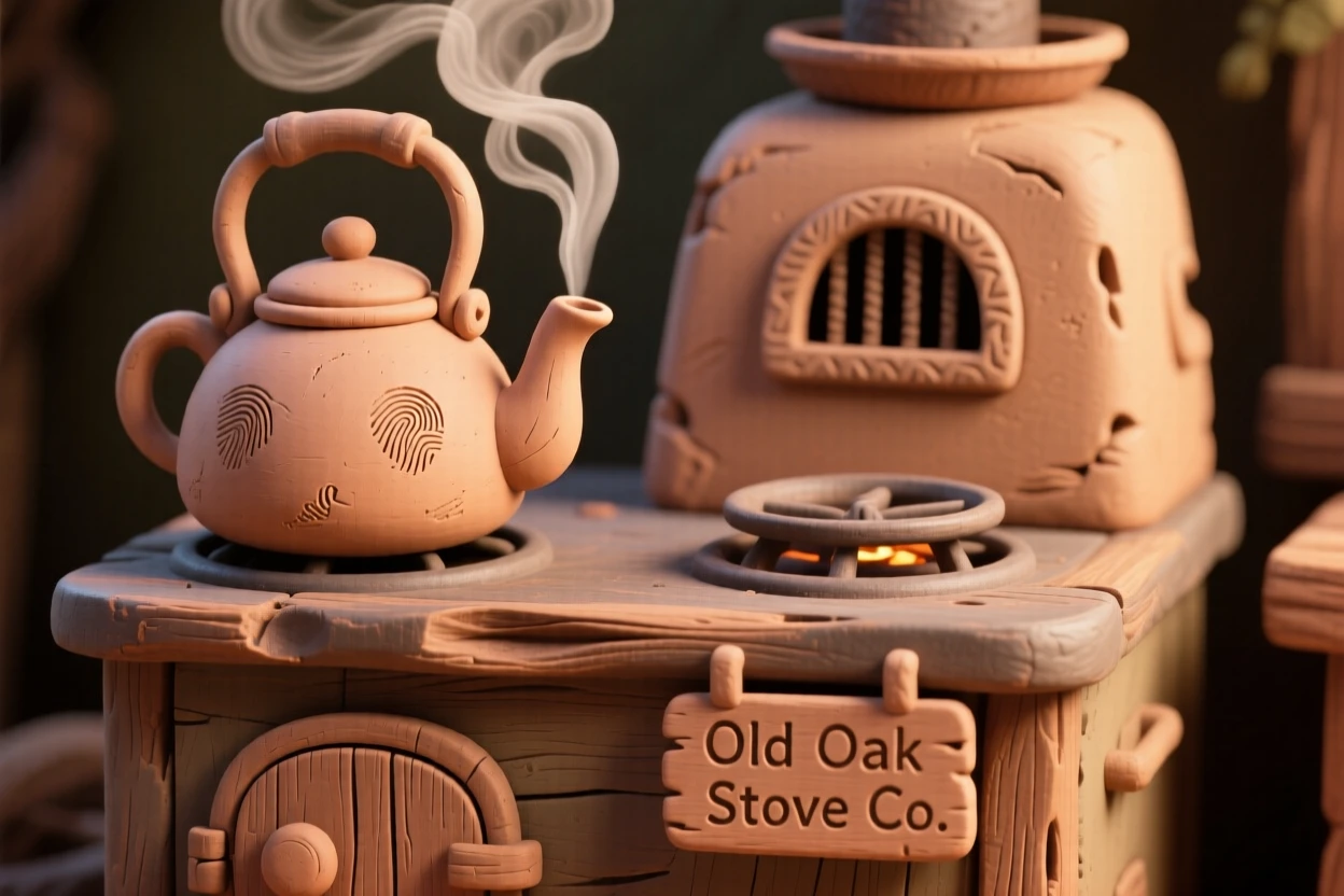 A steaming kettle whistling on an old wood-burning stove