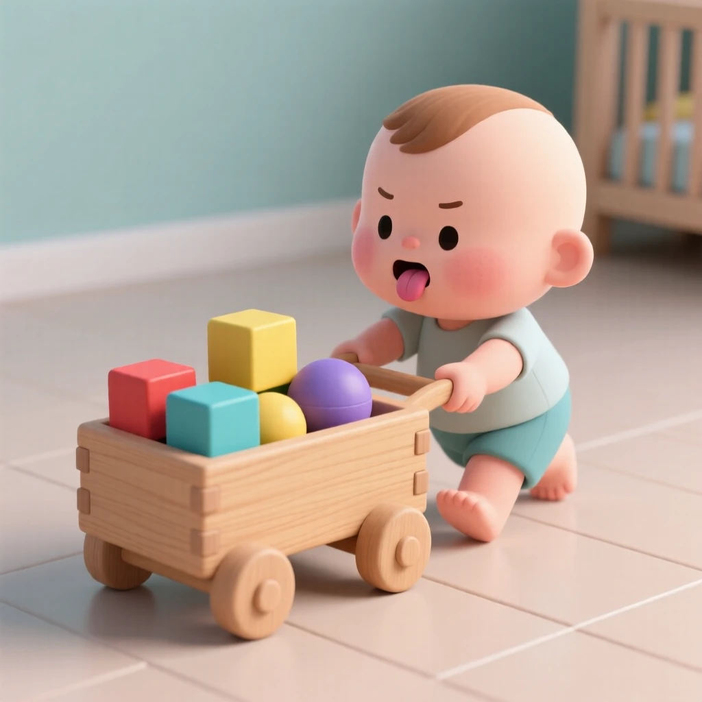 A determined toddler pushes a wooden cart full of blocks across a nursery floor, tongue poking out with effort.