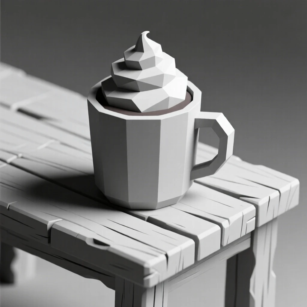 A cup of hot cocoa topped with whipped cream, on a rustic wooden table. soft natural light highlights rich textures and colors. The scene feels warm and comforting.