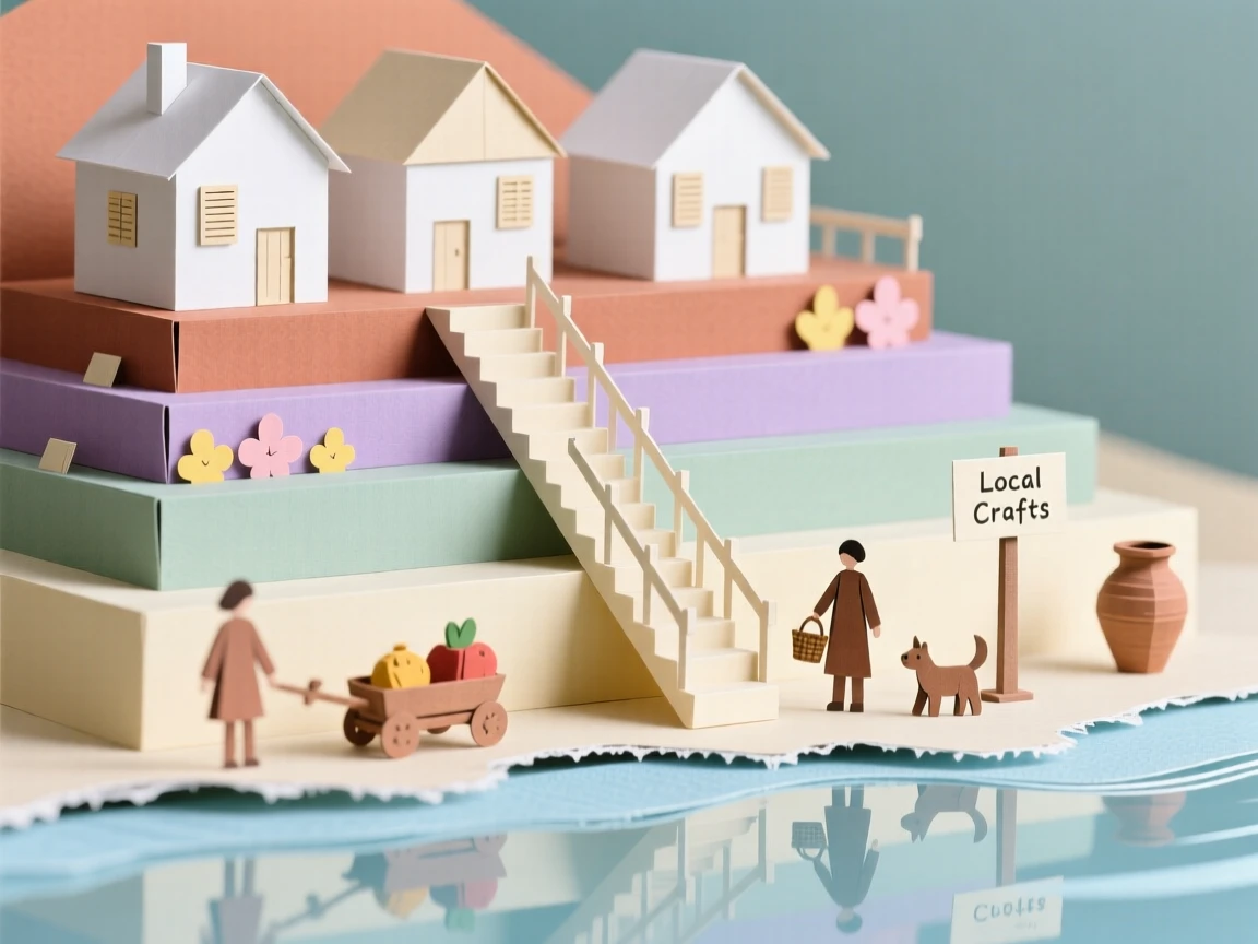 A terraced hillside village reflecting soft colors in still water nearby, with locals going about daily life, capturing a sense of discovery and adventure.