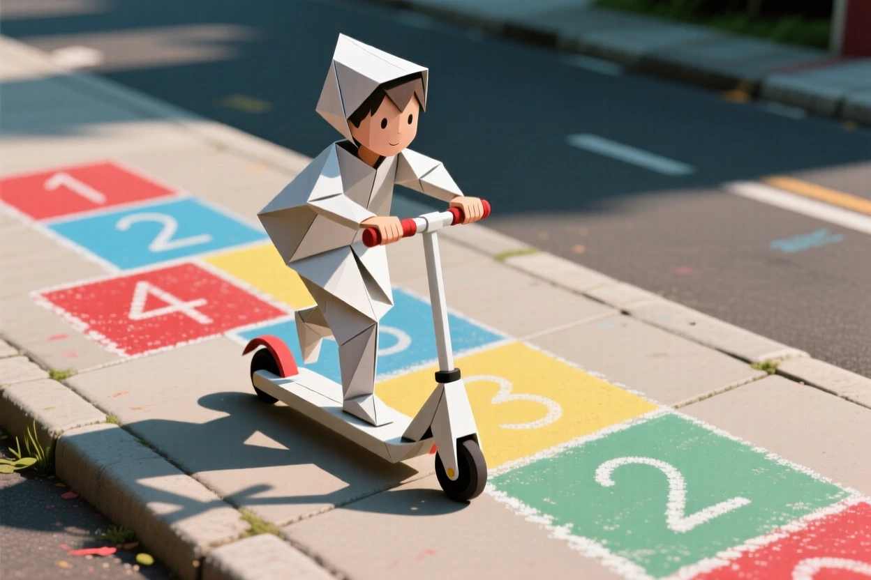 A child riding a scooter down a sidewalk chalked with colorful hopscotch squares.