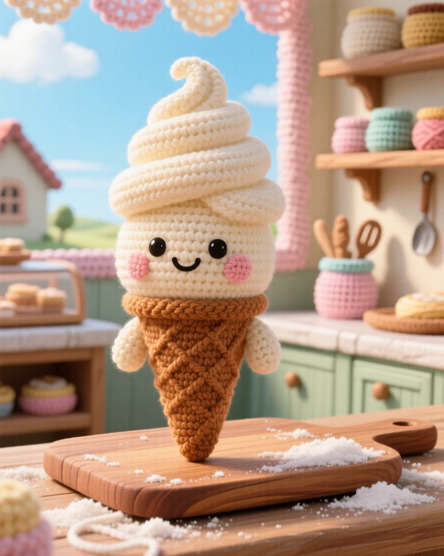 a plump soft serve ice cream cone character, with a perfect swirl on top, held up against a sunny sky, displayed in a cozy village bakery counter dusted with flour, with a rustic wooden serving board, radiating a cozy sense of shared treats.