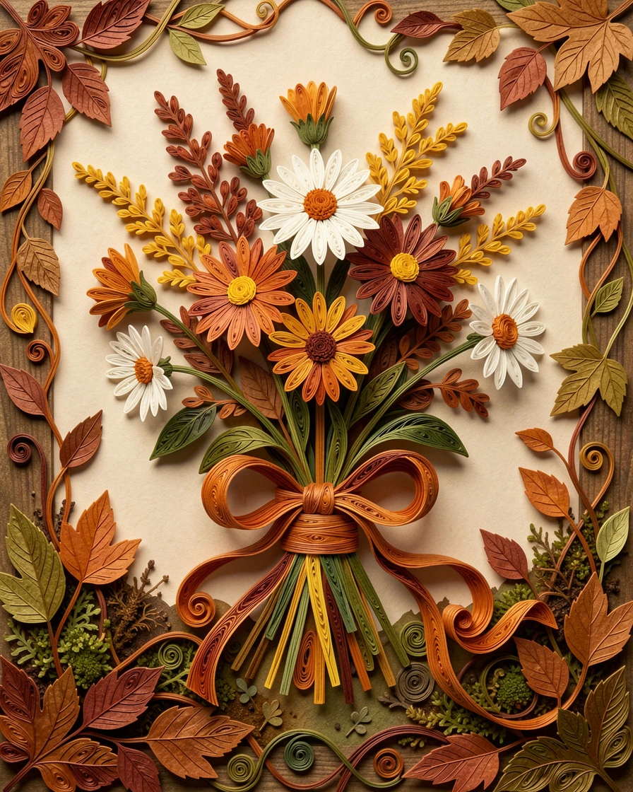 A serene botanical study of a bouquet of wildflowers tied with a flowing ribbon in an overgrown secret garden corner, in warm autumn hues of amber and rust, captured in a close-up macro composition.