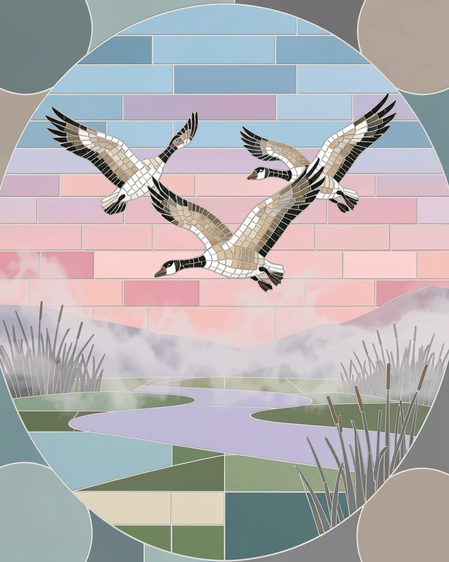 A peaceful flock of geese flying in formation over a misty marsh.