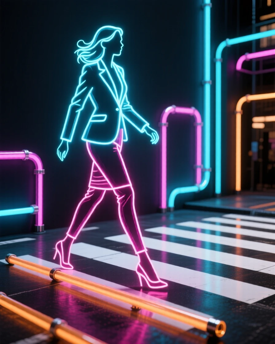 A confident businesswoman striding through a busy city crosswalk.