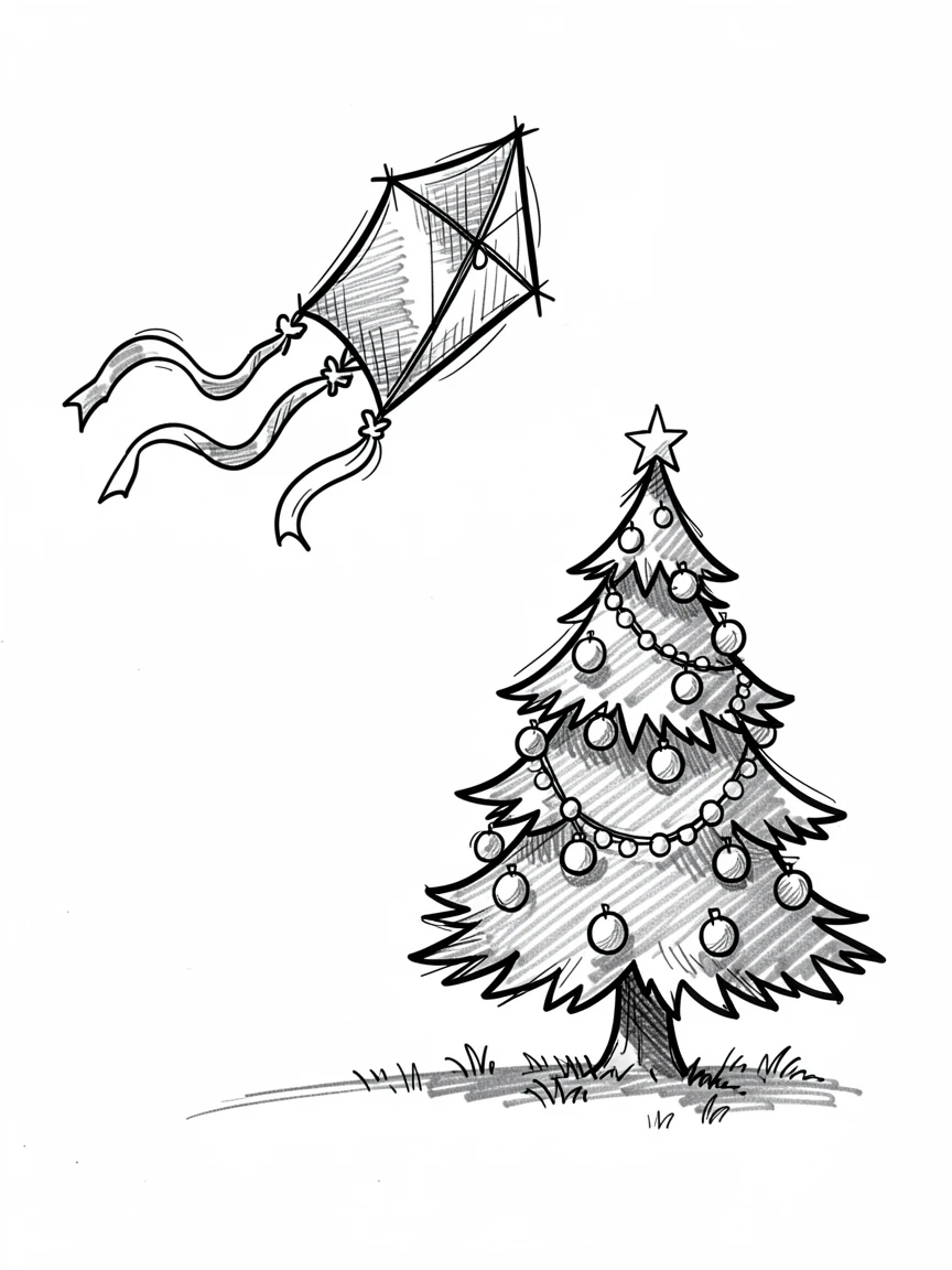 A kite flying on a breezy spring day beside a decorated evergreen tree.