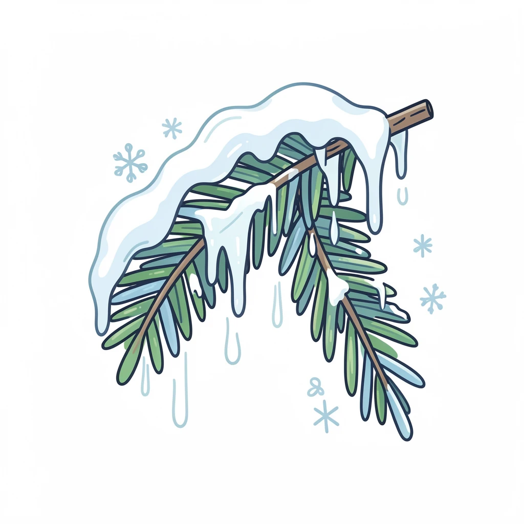 A snow-covered evergreen branch bending gently under its icy weight.