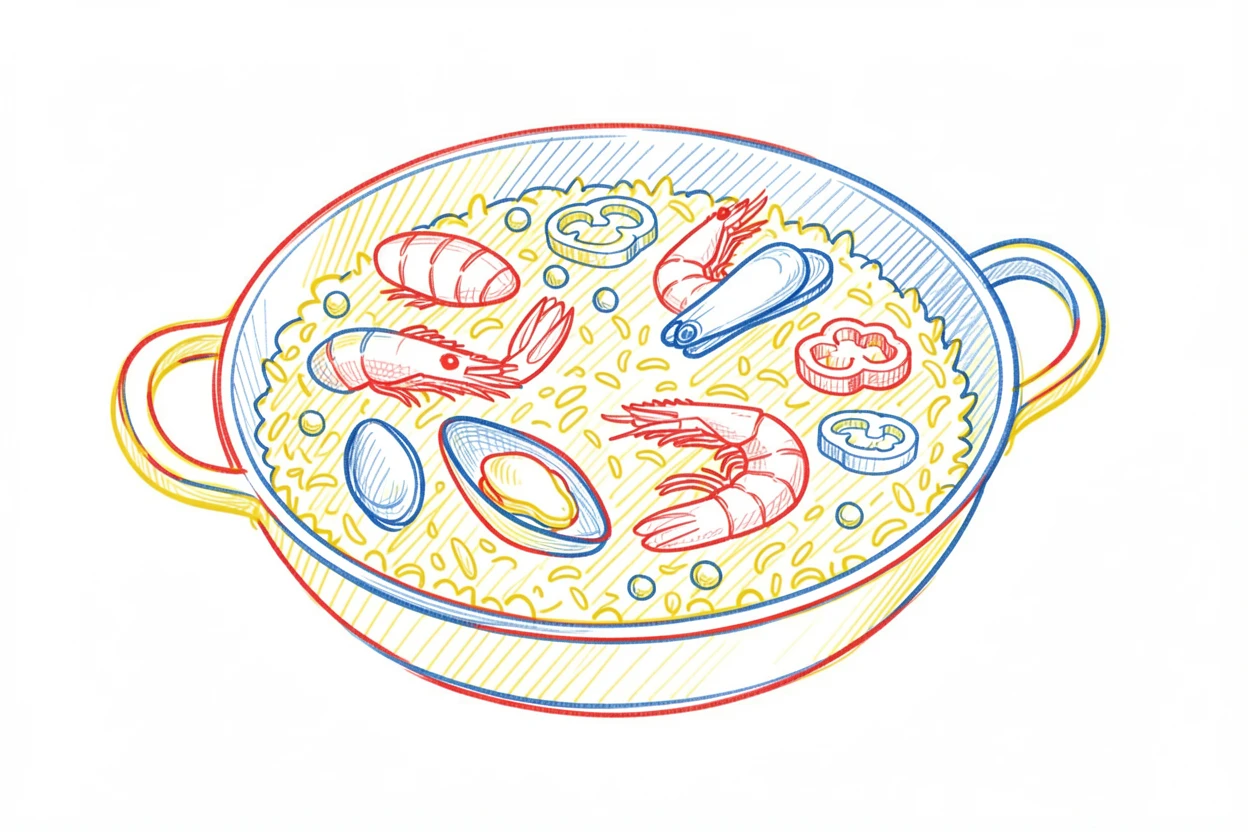 A traditional paella pan filled with saffron rice, seafood, and vegetables