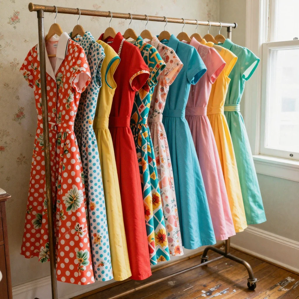 A vintage clothing rack filled with colorful retro dresses