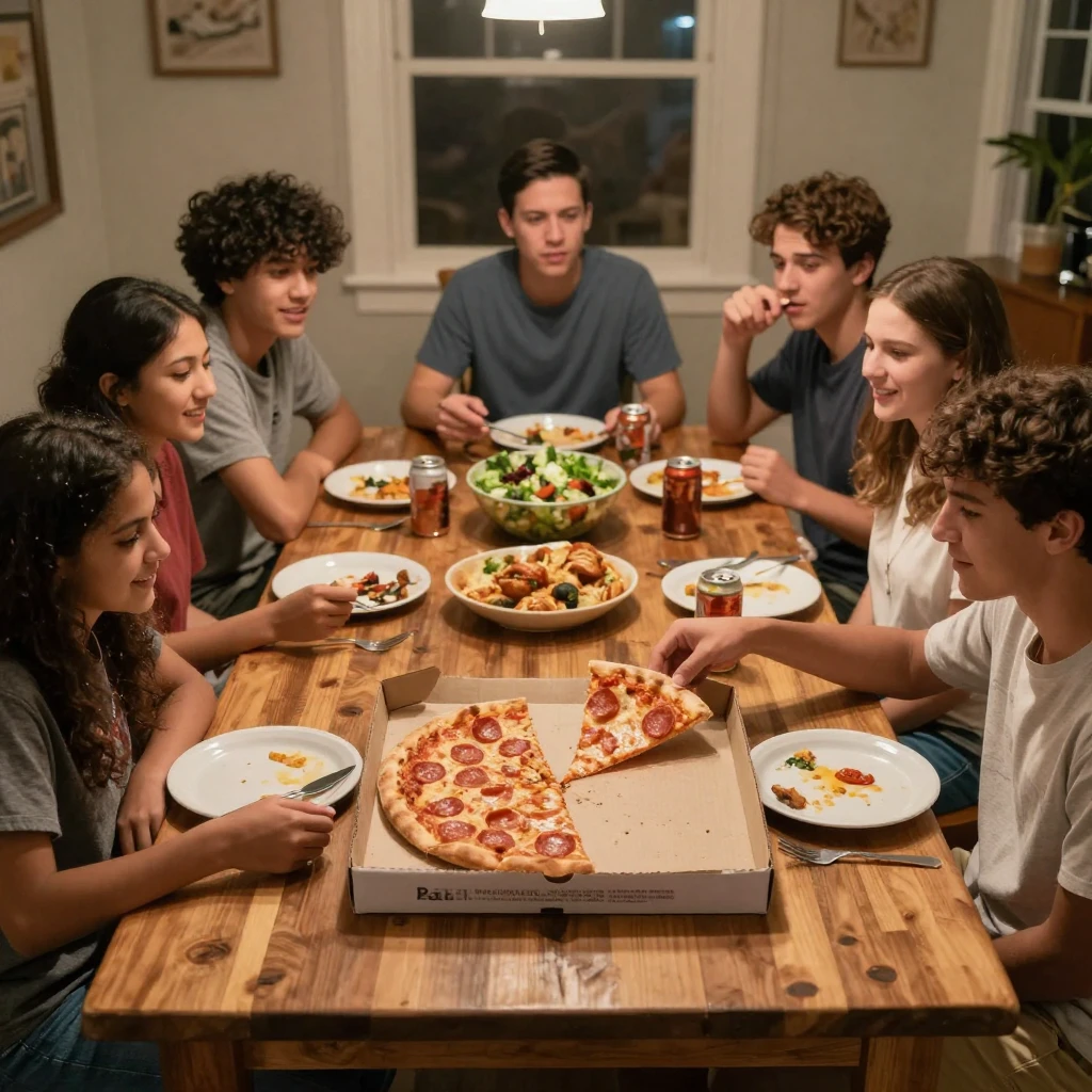 A group of siblings argue playfully over the last slice of pizza at a family dinner.