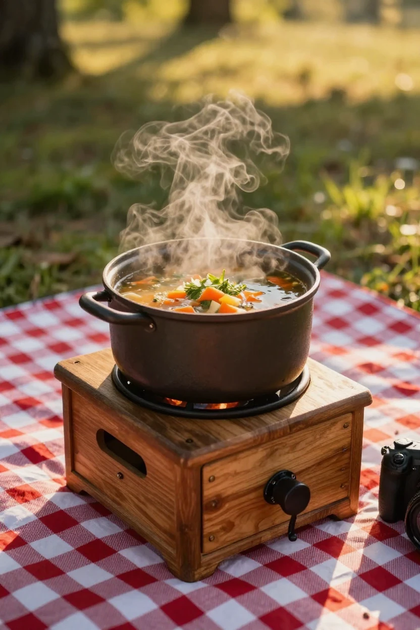 A steaming pot of homemade soup on a wooden stove on a checkered picnic blanket