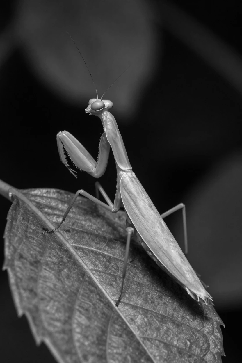A praying mantis waits motionless for its prey on a green leaf.