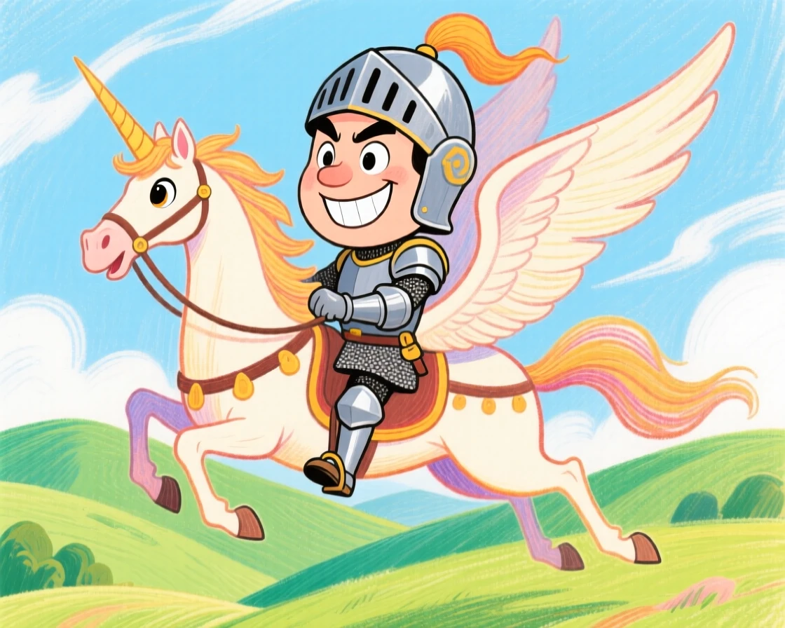 A brave knight riding a majestic Pegasus over rolling green hills.