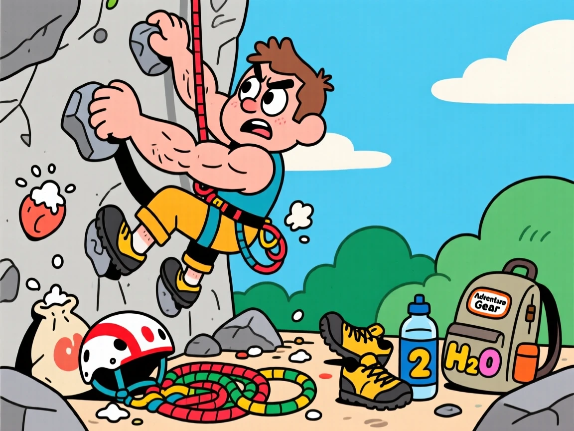 An everyday-life snapshot of a weekend rock climber, losing track of time deep in concentration, surrounded by a delightful mess of supplies.