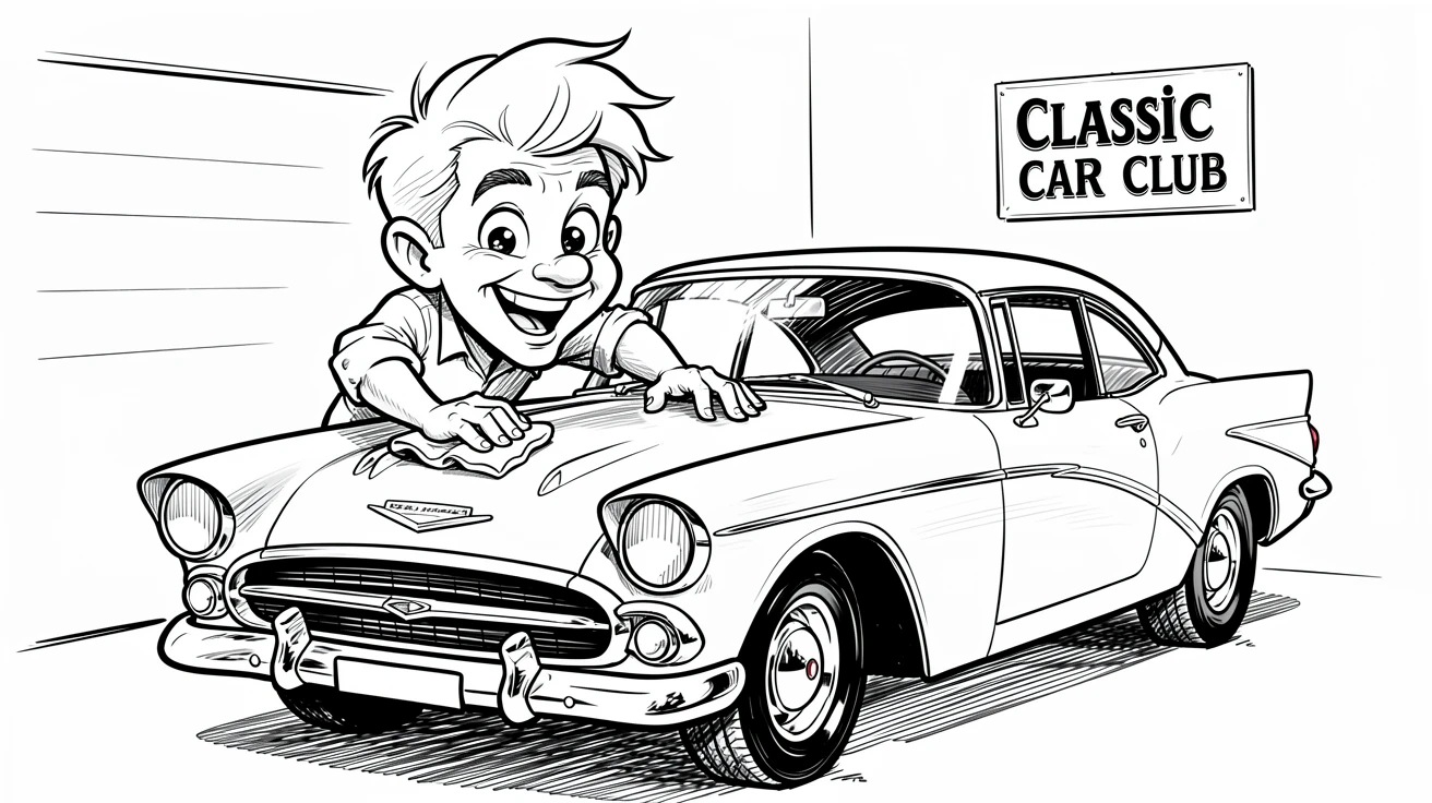 [Trending & Universal Topics] Modern lifestyle scene of a car enthusiast polishing a gleaming classic vintage car, capturing everyday joy