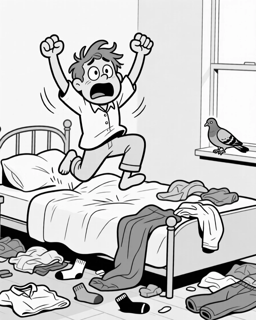 A late sleeper leaping out of bed in a panic, pumping both fists in wild, oversized celebration, set in a bedroom cluttered with clothes. A nearby pigeon watches with apparent judgment. It feels like a meme come to life, equal parts cringe and charm.