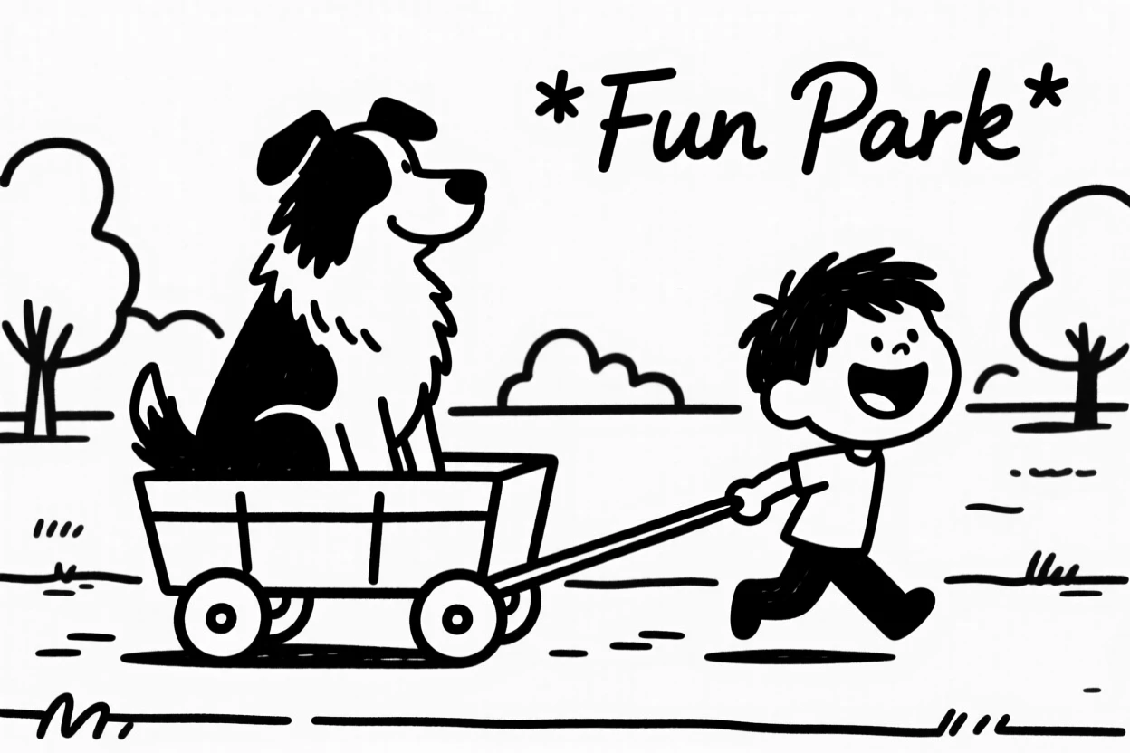 A australian shepherd sitting in a wagon being pulled through a park by a delighted kid.