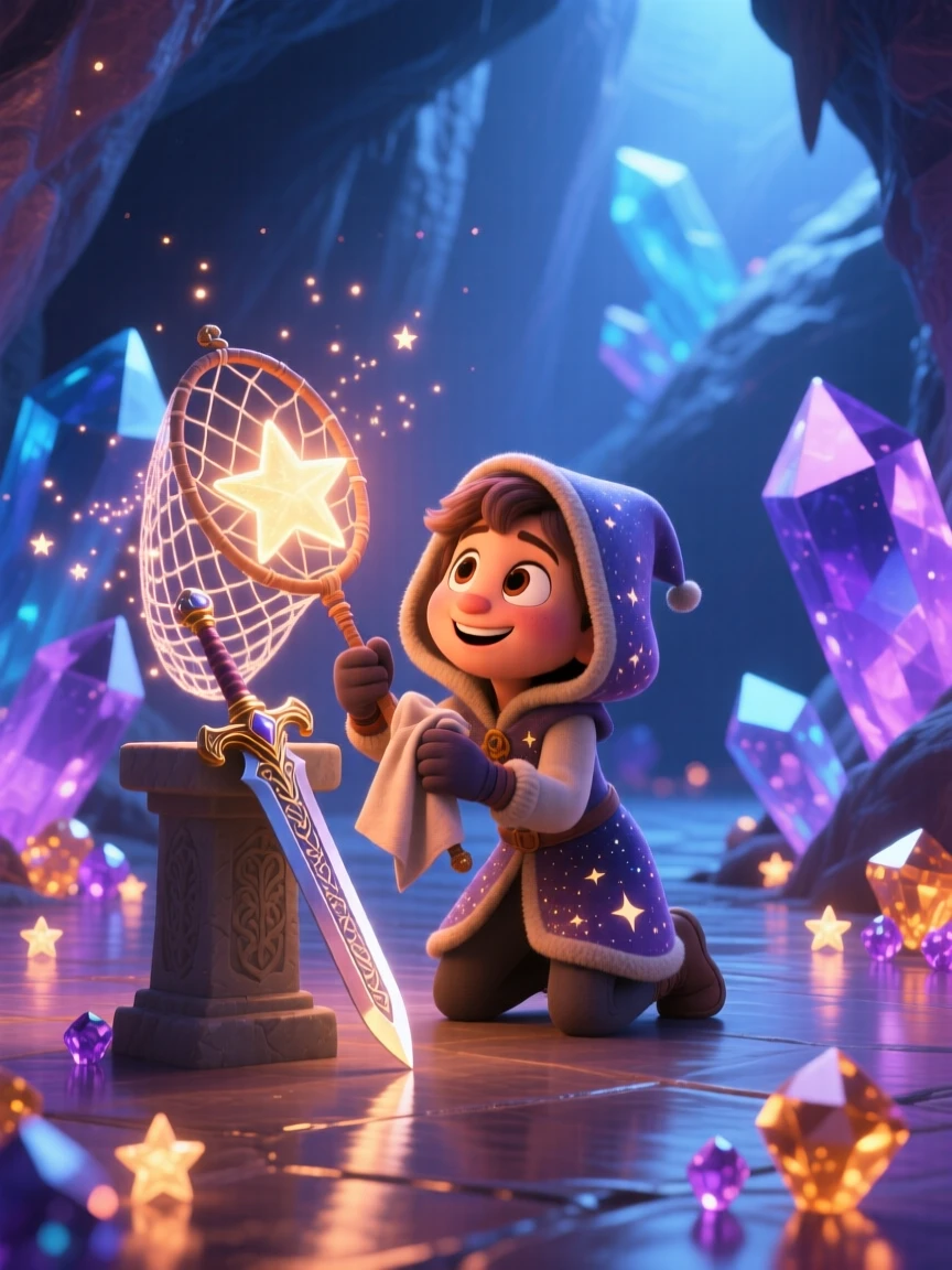 A star-catcher with a glowing net stands inside a crystal cave lit by glowing gems, polishing a gleaming enchanted sword. A gentle sense of wonder radiates through the air, with a trail of glimmering dust following each step.