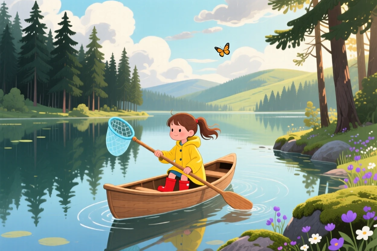 A girl with a butterfly net spends the day paddling a small canoe across a calm lake through a dense pine forest, as clouds cast slow shadows across the hills.