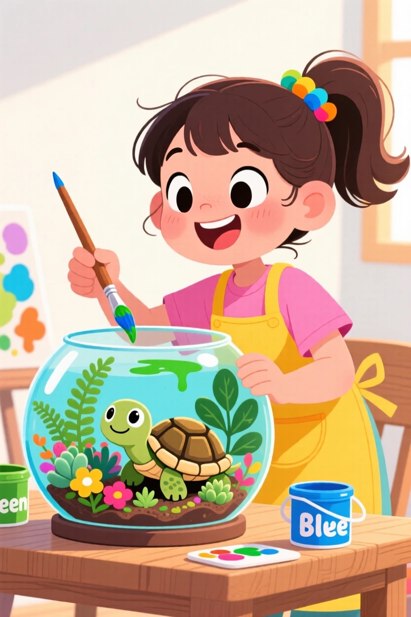 A girl painting her turtle's small terrarium with tiny plants.