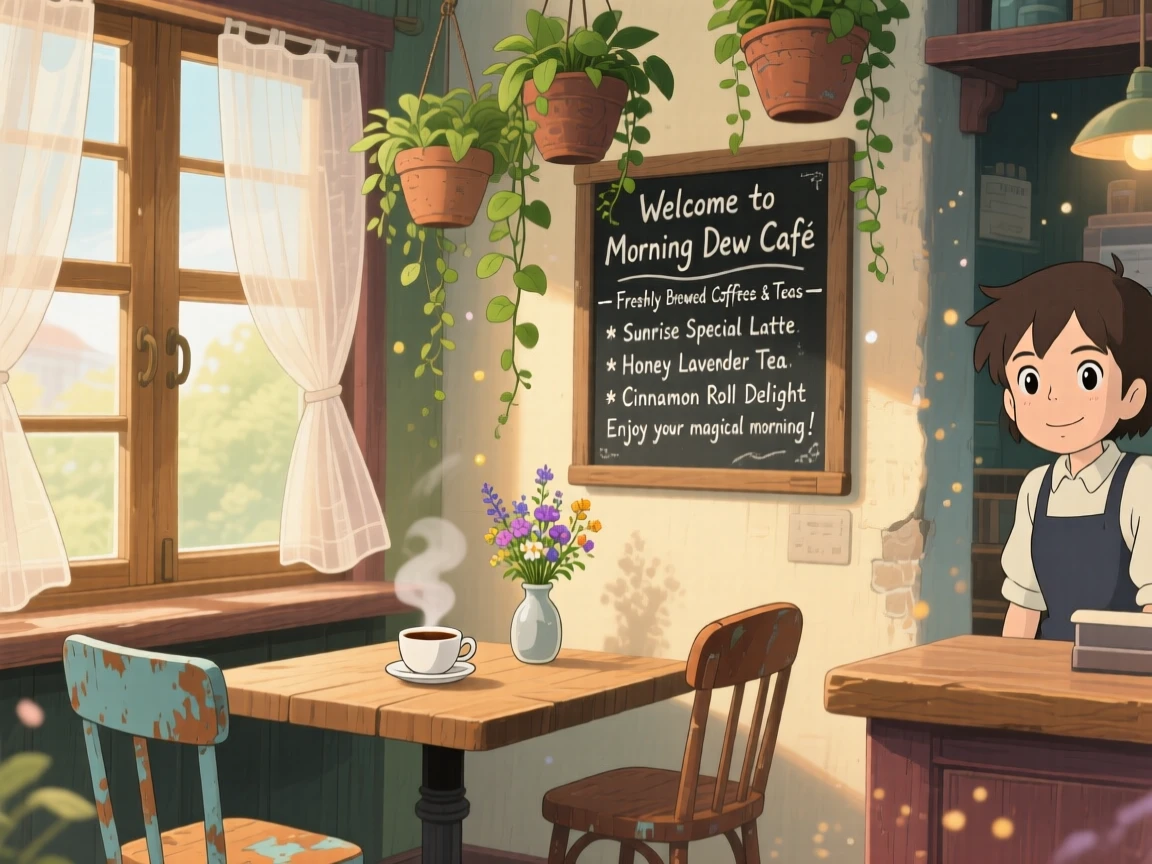 A warm, inviting scene of a cozy café corner with a chalkboard menu and hanging plants, as morning light streams through a nearby window.