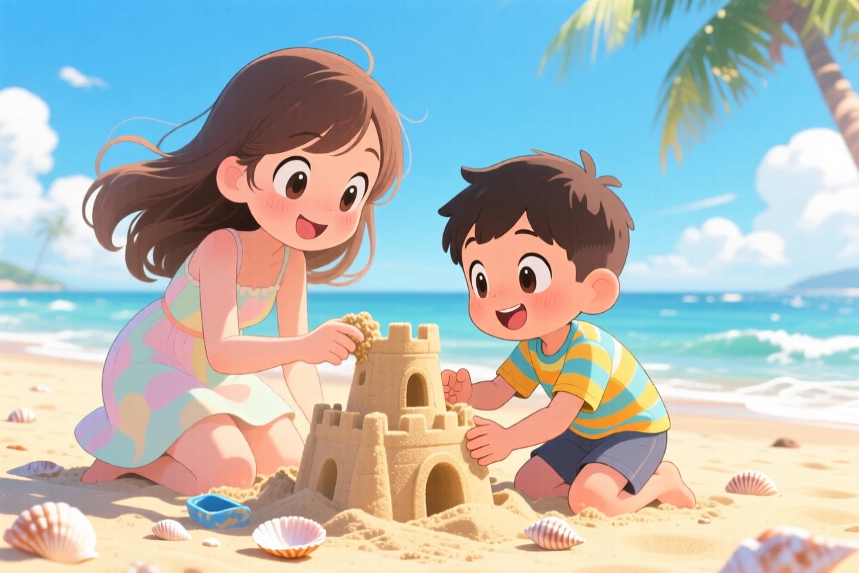 In a sunny beach, a big sister and little brother are building a sandcastle together during a light summer breeze, bathed in bright midday sun, expression full of wide-eyed wonder. Shot as a medium shot.
