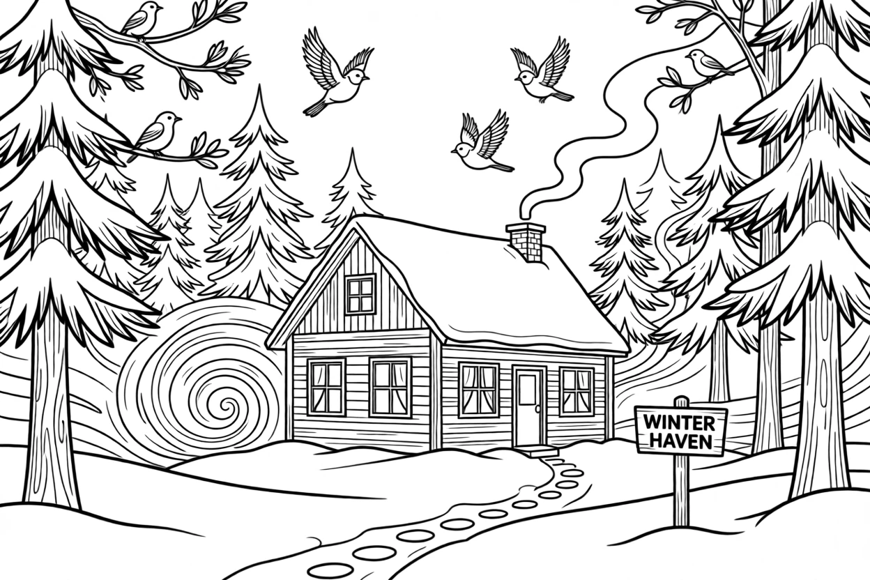 A snowstorm swirling around a lone cabin in the woods, with birds circling high above the treetops.
