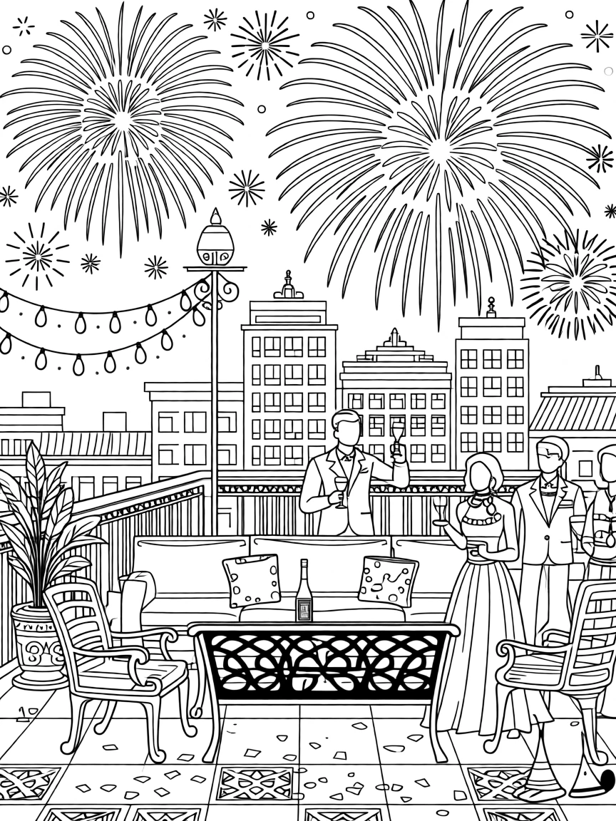 A New Year's Eve rooftop scene with fireworks bursting overhead.