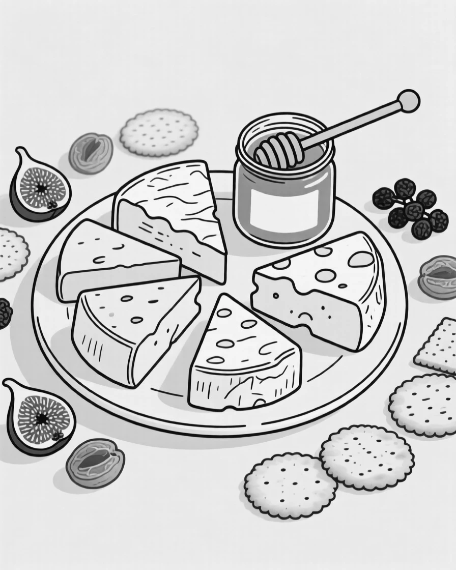 A cheese platter with crackers, honey, and dried fruit